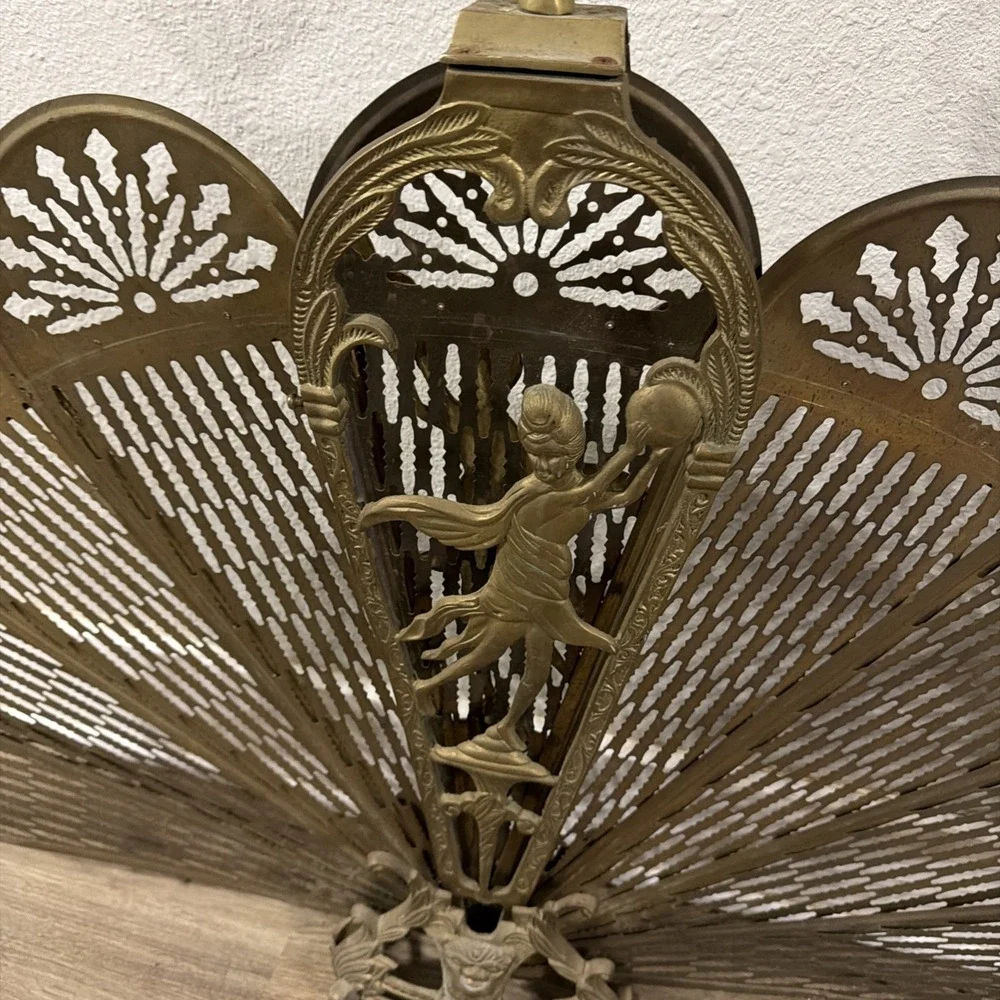 Vintage Brass Peacock Fireplace Screen Art Deco Woman Fan L  33